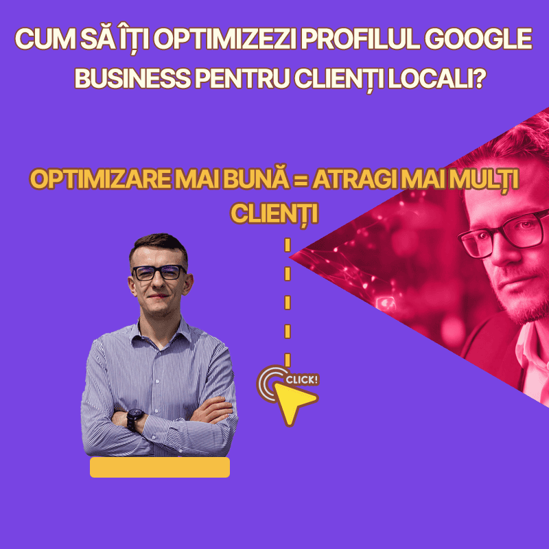Un baiat cu camasa si ochelari iti prezinta cum iti poti optimiza SEO profilul Google Business|Un baiat cu ochelari si camasa albă cu albastru prezintă cum să alegi servicii marketing potrivite pentru afacerea ta.