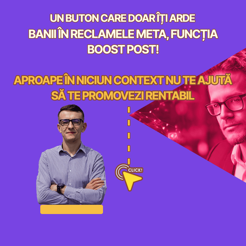 Imagine cu un buton de promovare pe Meta și un om care arată frustrat.